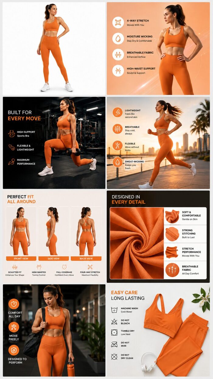 Orange activewear sports bra and leggings set listing images