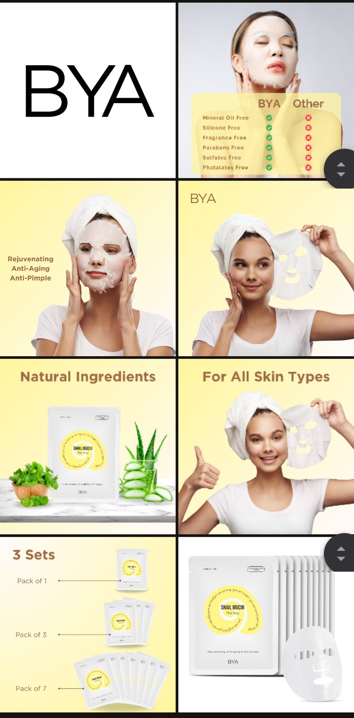 BYA snail mucin sheet mask listing images