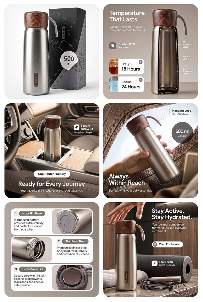 Delicate insulated stainless steel water bottle listing images