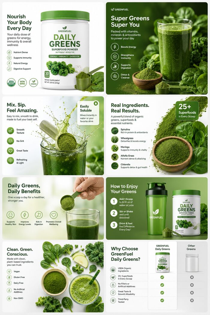 GreenFuel Daily Greens superfood powder listing images