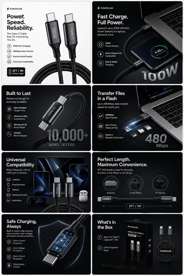 PowerLink 100W USB-C charging cable listing images