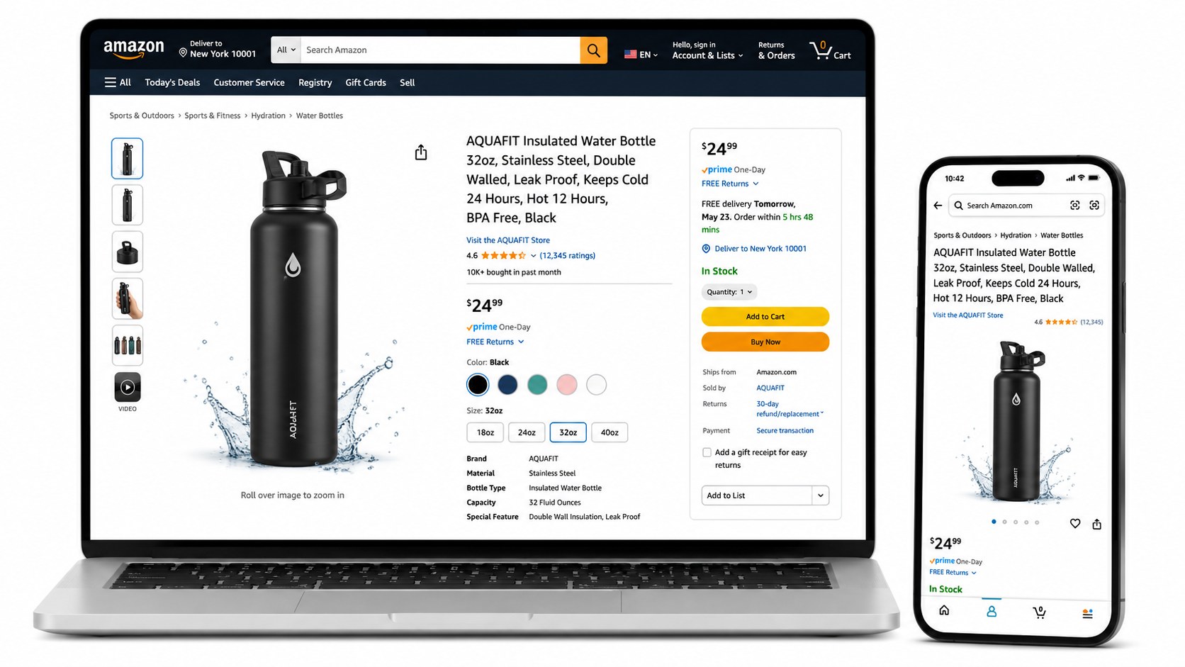 AQUAFIT Insulated Water Bottle Amazon product listing